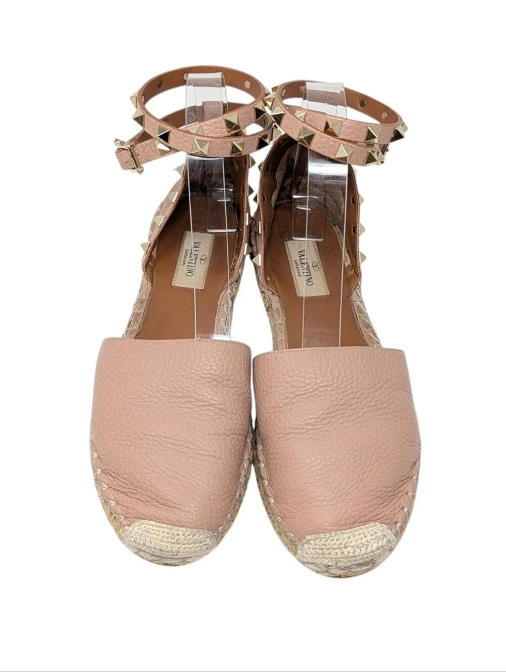 Valentino Garavani Blush Nude Beige Leather Rockstud Espadrille Flats Size EU 38